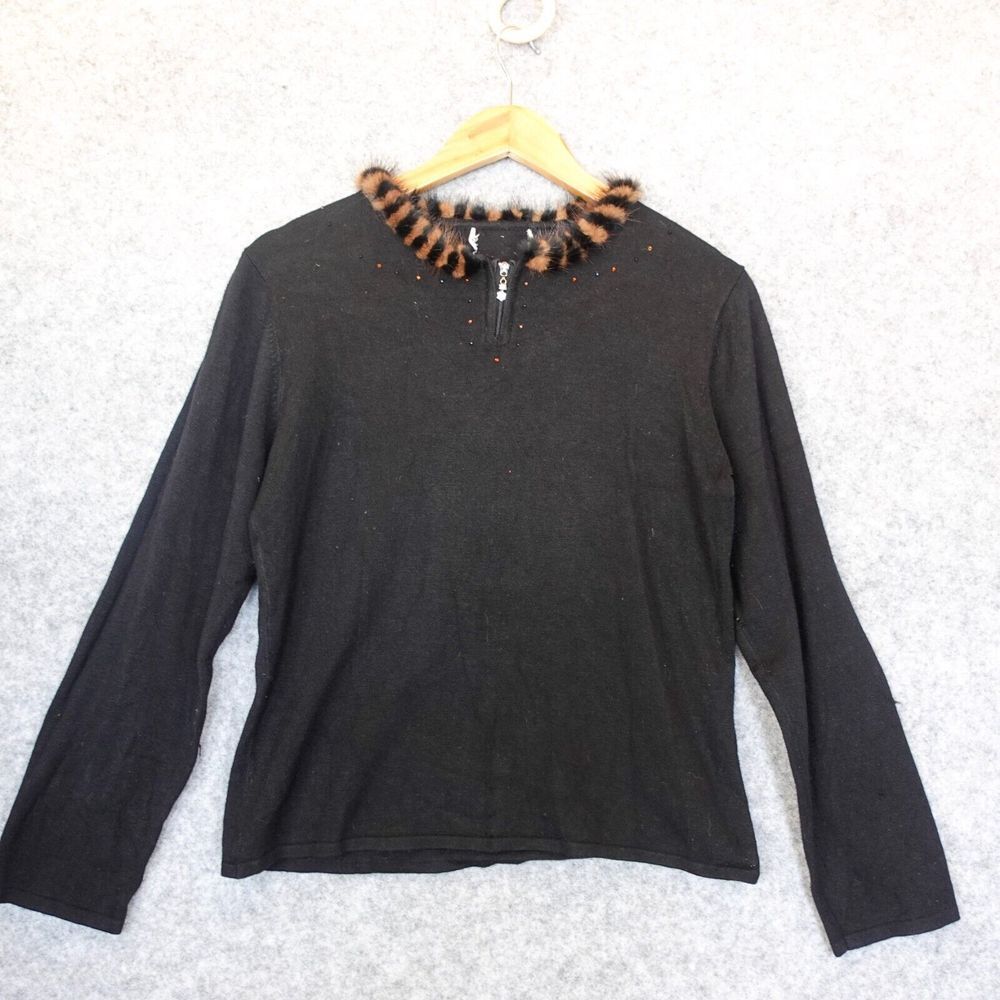 Vintage Womens Silk Blend Crop Sweater S Black Mink Fur Trim Jewel BONNIE & BILL